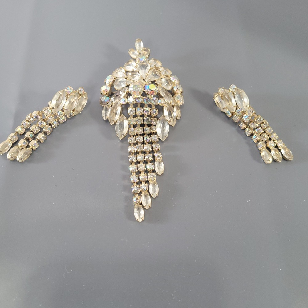 Vintage Gold Tone Clear AB Rhinestone Waterfall Brooch & Clip-On Earrings Set